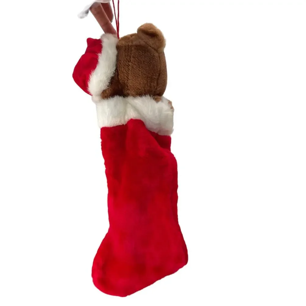 Vintage Christmas Stocking Teddy Bear Plush Santa Hat Red 1988 READ DSCPRT
